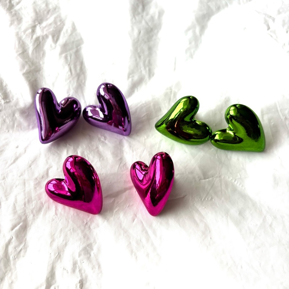 Earrings Heart Metallic Pink Purple Green Pierced. 3 pairs. NWT - Picture 6 of 6